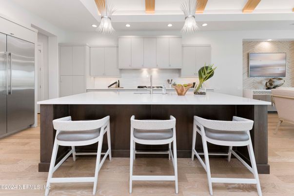 Interior, Kitchen, Pendant Lights, Recessed Lighting, Stainless Steel Appliances, Wooden Beams, Wood Texture Flooring