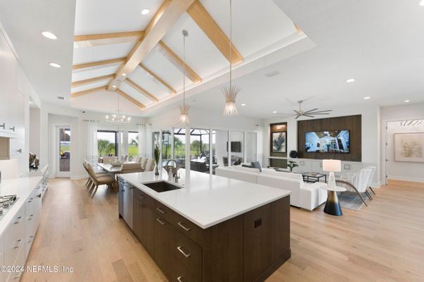 Dining room, Interior, Kitchen, Living room, Pendant Lights, Recessed Lighting, Wooden Beams, Wood Texture Flooring