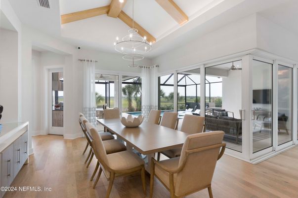 Dining room, Interior, Pendant Lights, Wooden Beams, Wood Texture Flooring