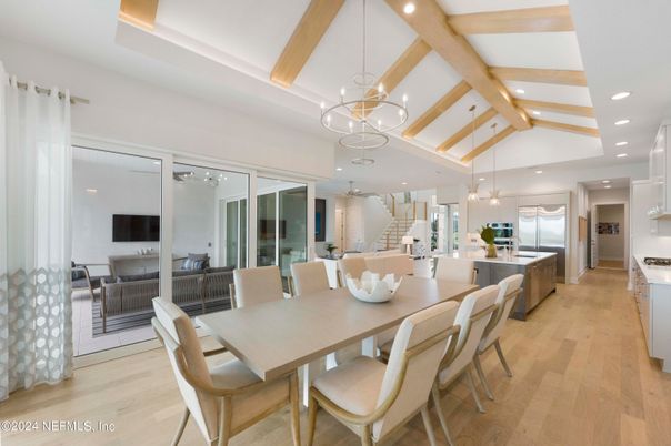 Dining room, Interior, Kitchen, Pendant Lights, Recessed Lighting, Stainless Steel Appliances, Wooden Beams, Wood Texture Flooring