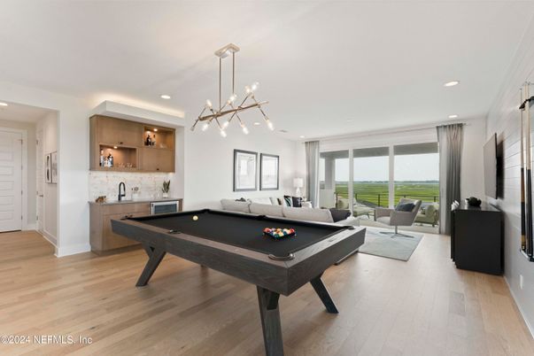 Billiard Table, Game Room, Interior, Living room, Pendant Lights, Recessed Lighting, Wood Texture Flooring