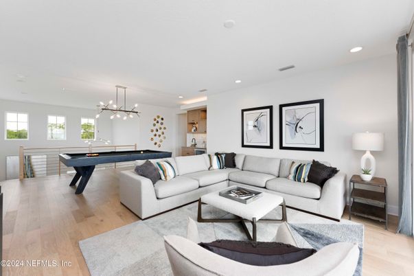 Billiard Table, Game Room, Interior, Living room, Pendant Lights, Recessed Lighting, Wood Texture Flooring