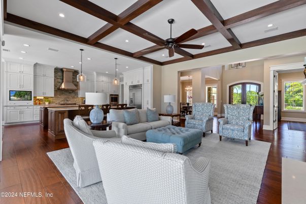 Dining room, Interior, Kitchen, Living room, Pendant Lights, Recessed Lighting, Stainless Steel Appliances, Wooden Beams, Wood Texture Flooring