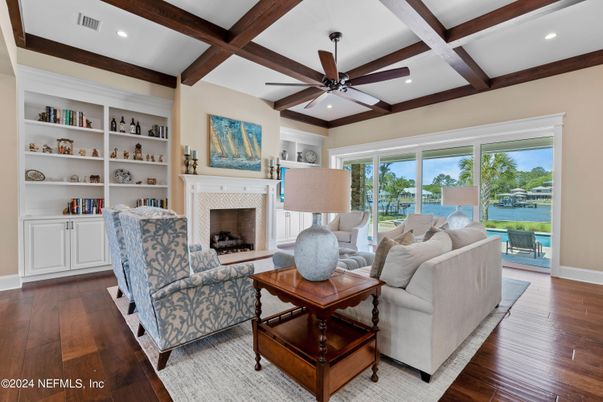 Fireplace, Interior, Living room, Recessed Lighting, Water, Wooden Beams, Wood Texture Flooring