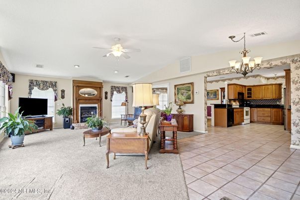 Chandelier, Fireplace, Interior, Kitchen, Recessed Lighting