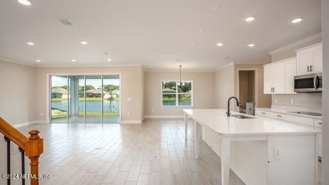 Interior, Kitchen, Pendant Lights, Recessed Lighting, Water, Wood Texture Flooring