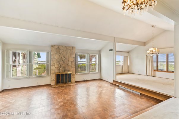 Chandelier, Empty room, Fireplace, Interior, Stone Walls, Wood Texture Flooring