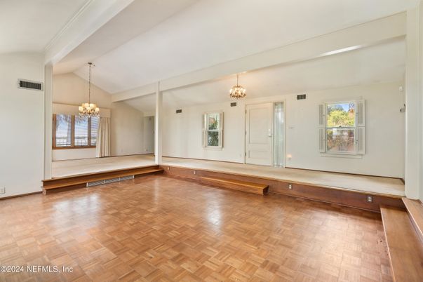 Chandelier, Empty room, Interior, Wood Texture Flooring