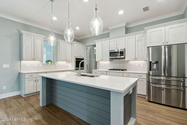 Interior, Kitchen, Pendant Lights, Recessed Lighting, Stainless Steel Appliances, Wood Texture Flooring