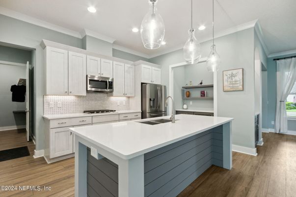 Interior, Kitchen, Pendant Lights, Recessed Lighting, Stainless Steel Appliances, Wood Texture Flooring