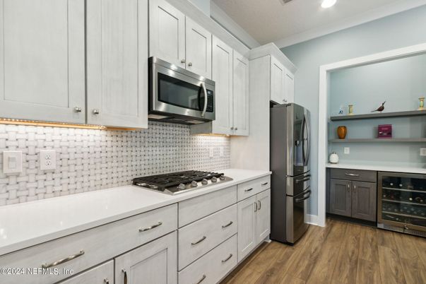 Interior, Kitchen, Recessed Lighting, Stainless Steel Appliances, Wood Texture Flooring