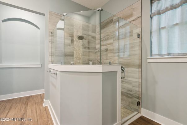 Bathroom, Glass Shower, Interior, Wood Texture Flooring