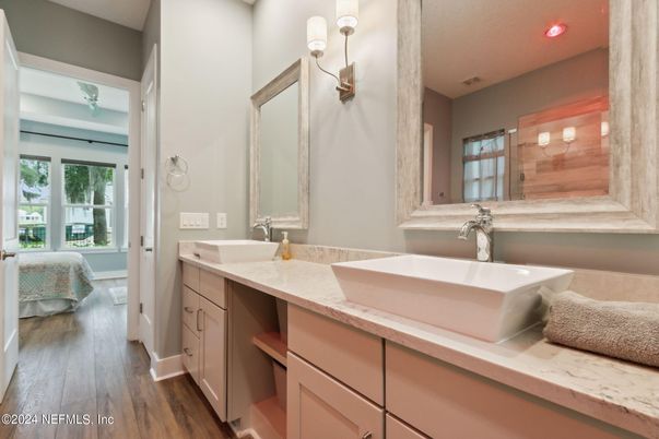 Bathroom, Dual Sink Vanities, Interior, Recessed Lighting, Wood Texture Flooring