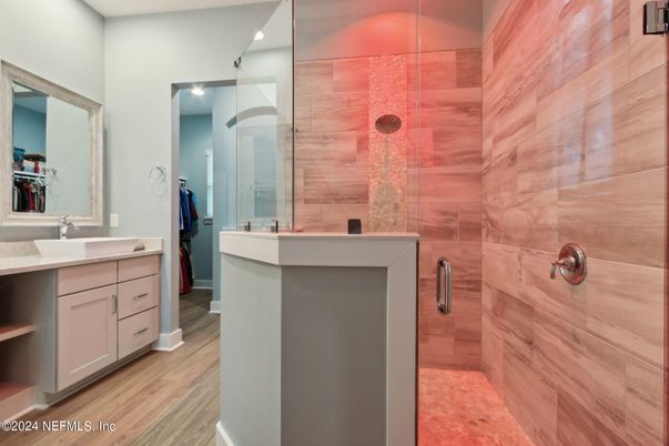 Bathroom, Glass Shower, Interior, Wood Texture Flooring