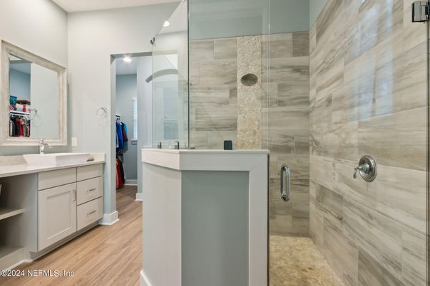 Bathroom, Glass Shower, Interior, Recessed Lighting, Wood Texture Flooring