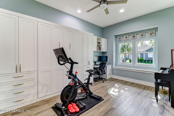 Fitness Equipment, Home Office, Interior, Recessed Lighting, Wood Texture Flooring