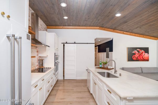 Interior, Kitchen, Recessed Lighting, Wooden Ceilings, Wood Texture Flooring