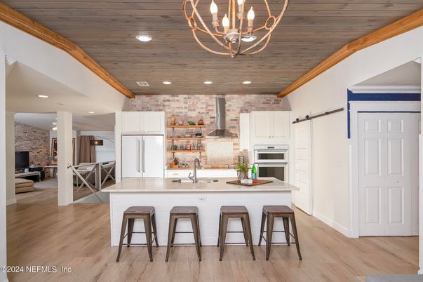 Chandelier, Interior, Kitchen, Recessed Lighting, Stainless Steel Appliances, Stone Walls, Wooden Beams, Wooden Ceilings, Wood Texture Flooring