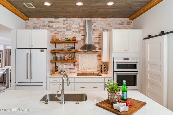 Interior, Kitchen, Recessed Lighting, Stainless Steel Appliances, Stone Walls, Wooden Beams, Wooden Ceilings