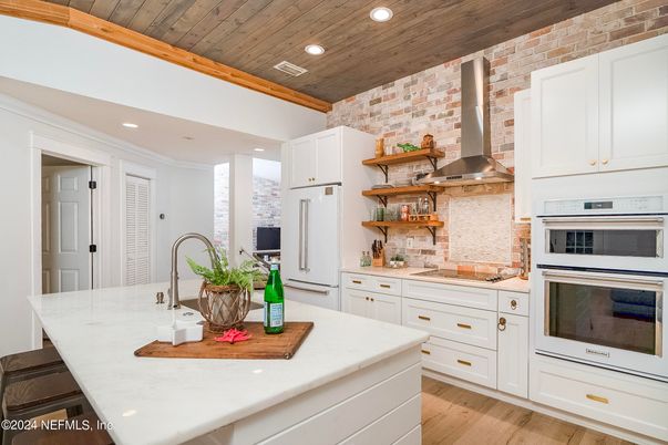 Interior, Kitchen, Recessed Lighting, Stainless Steel Appliances, Stone Walls, Wooden Ceilings, Wood Texture Flooring