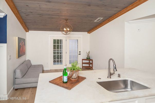 Interior, Kitchen, Pendant Lights, Wooden Ceilings, Wood Texture Flooring