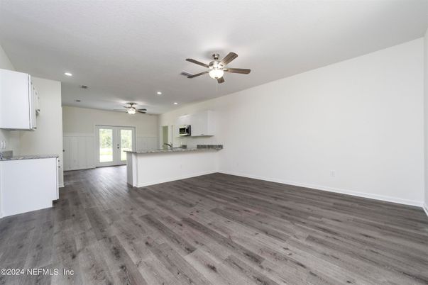 Empty room, Interior, Kitchen, Recessed Lighting, Wood Texture Flooring
