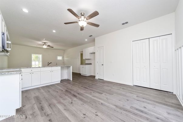 Empty room, Interior, Kitchen, Recessed Lighting, Wood Texture Flooring