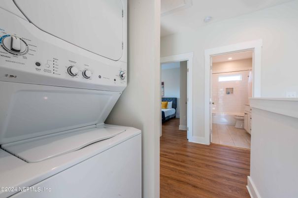 Bathroom, Interior, Recessed Lighting, Utility Closets, Washer, Wood Texture Flooring