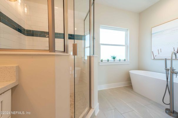 Bathroom, Free Standing Baths, Glass Shower, Interior, Wood Texture Flooring
