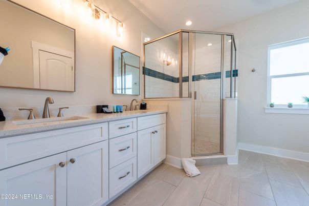 Bathroom, Dual Sink Vanities, Glass Shower, Interior, Recessed Lighting