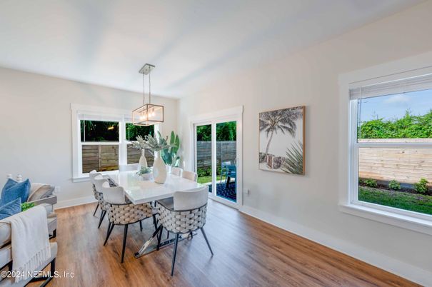 Dining room, Interior, Pendant Lights, Wood Texture Flooring