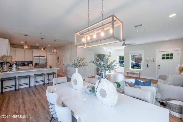 Dining room, Interior, Kitchen, Living room, Pendant Lights, Recessed Lighting, Stainless Steel Appliances, Wood Texture Flooring