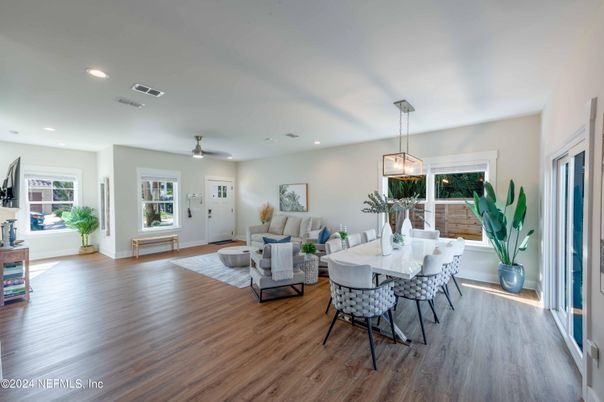 Dining room, Interior, Living room, Pendant Lights, Recessed Lighting, Wood Texture Flooring