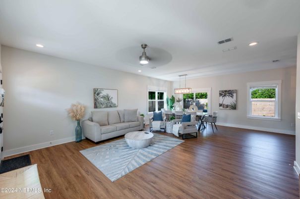 Dining room, Interior, Living room, Pendant Lights, Recessed Lighting, Wood Texture Flooring