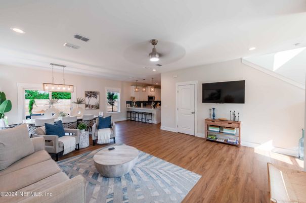 Dining room, Interior, Kitchen, Living room, Pendant Lights, Recessed Lighting, Wood Texture Flooring