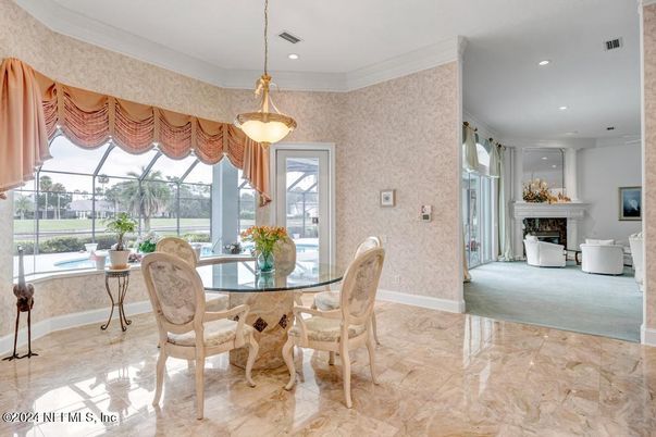 Dining room, Fireplace, Glass Ceilings, Interior, Pendant Lights, Recessed Lighting, Sun Room