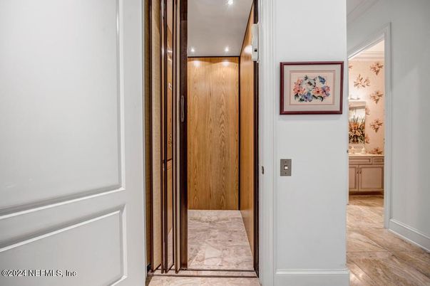 Elevator, Interior, Recessed Lighting, Wood Texture Flooring, Wooden Walls