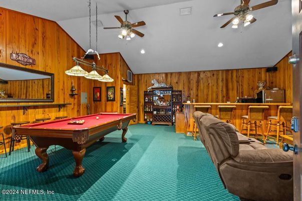 Billiard Table, Game Room, Interior, Pendant Lights, Recessed Lighting, Wooden Walls