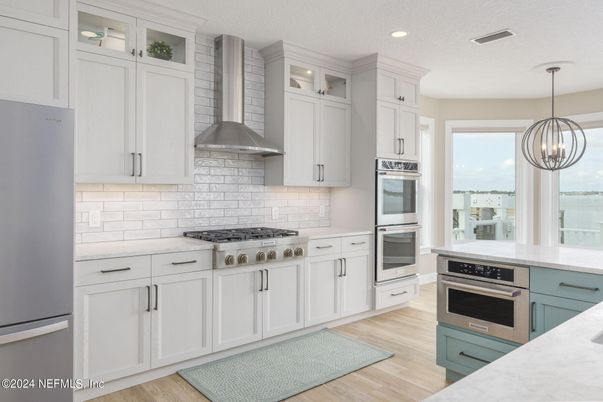 Interior, Kitchen, Pendant Lights, Recessed Lighting, Stainless Steel Appliances, Water, Wood Texture Flooring