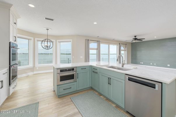 Interior, Kitchen, Pendant Lights, Recessed Lighting, Stainless Steel Appliances, Water, Wood Texture Flooring