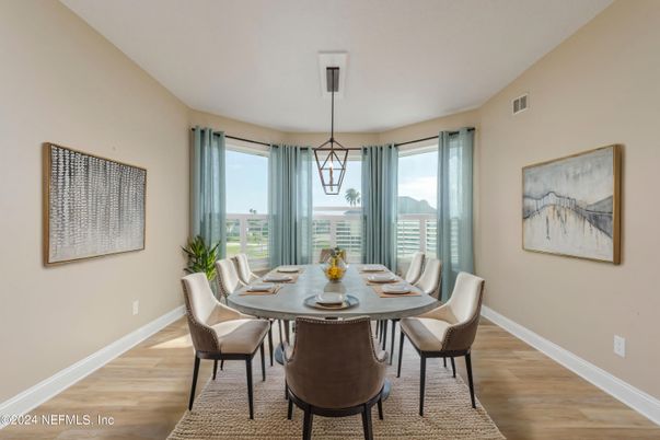 Dining room, Interior, Pendant Lights, Wood Texture Flooring