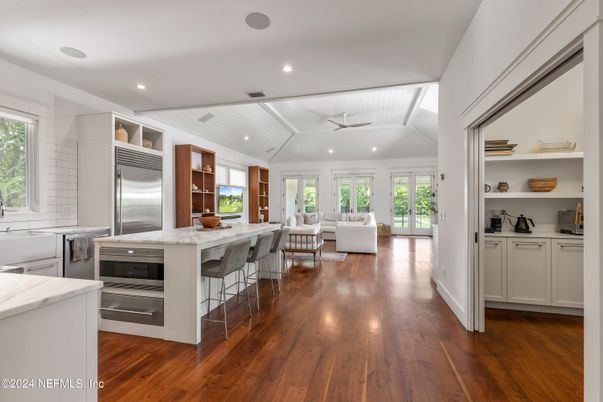 Interior, Kitchen, Living room, Recessed Lighting, Stainless Steel Appliances, Wood Texture Flooring
