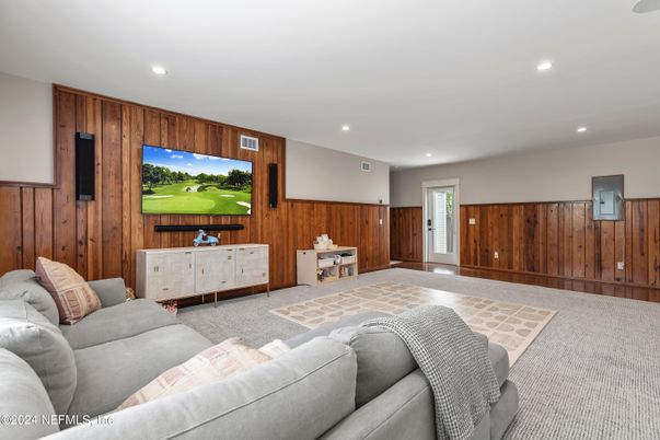 Interior, Living room, Recessed Lighting, Wooden Walls