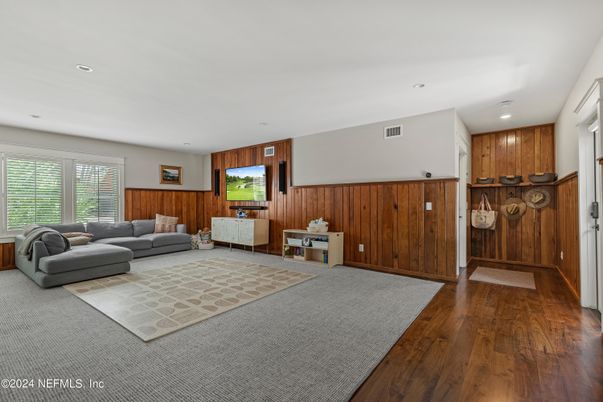Interior, Living room, Recessed Lighting, Wood Texture Flooring, Wooden Walls
