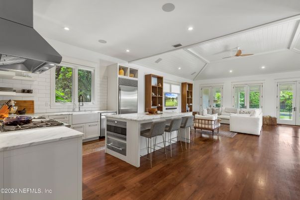 Interior, Kitchen, Living room, Recessed Lighting, Stainless Steel Appliances, Wood Texture Flooring