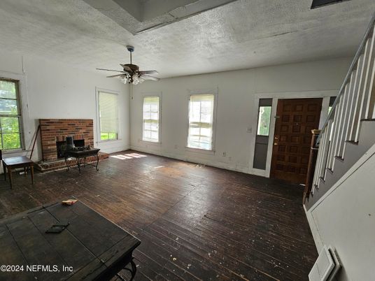 Dining room, Fireplace, Interior, Stone Walls, Wood Texture Flooring
