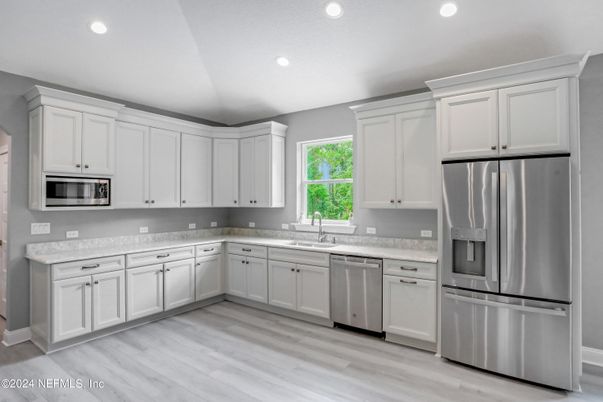 Interior, Kitchen, Recessed Lighting, Stainless Steel Appliances, Wood Texture Flooring