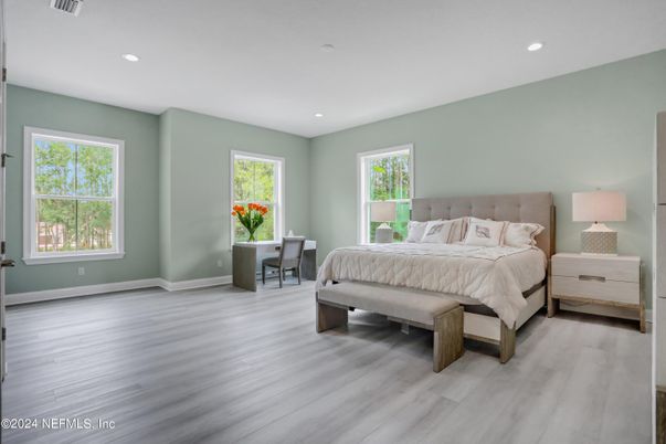 Bedroom, Interior, Recessed Lighting, Wood Texture Flooring