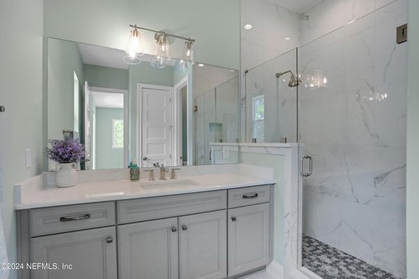 Bathroom, Glass Shower, Interior, Marble Walls, Recessed Lighting