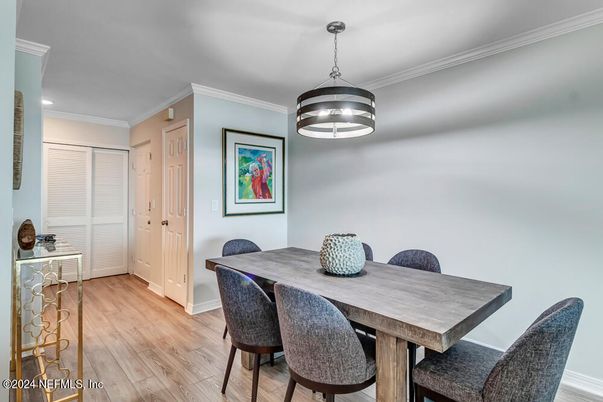 Dining room, Interior, Recessed Lighting, Wood Texture Flooring